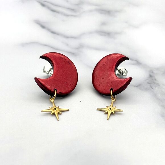 Stargazer Goods Jewelry - Red Moon and Star Dangle Earrings | Polymer Clay Crescent Jewelry